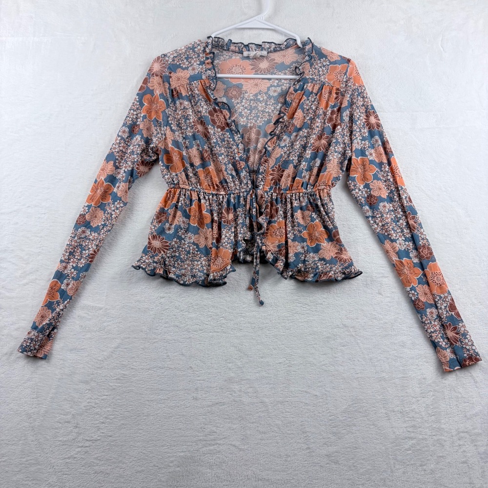 Full Tilt Top Floral Ruffle Tie Front Long Sleeve Size M